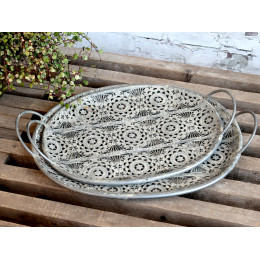 Set  of Two Cream Metal Trays with Handles
