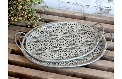 Set  of Two Cream Metal Trays with Handles