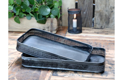 Set of 2 Grey Metal Trays with Lace Edge