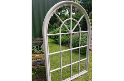 Large Distressed Cream Window Pane Arched Mirror