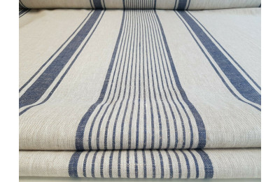 French Style 100% Linen Natural & Indigo Stripe  Fabric Sample